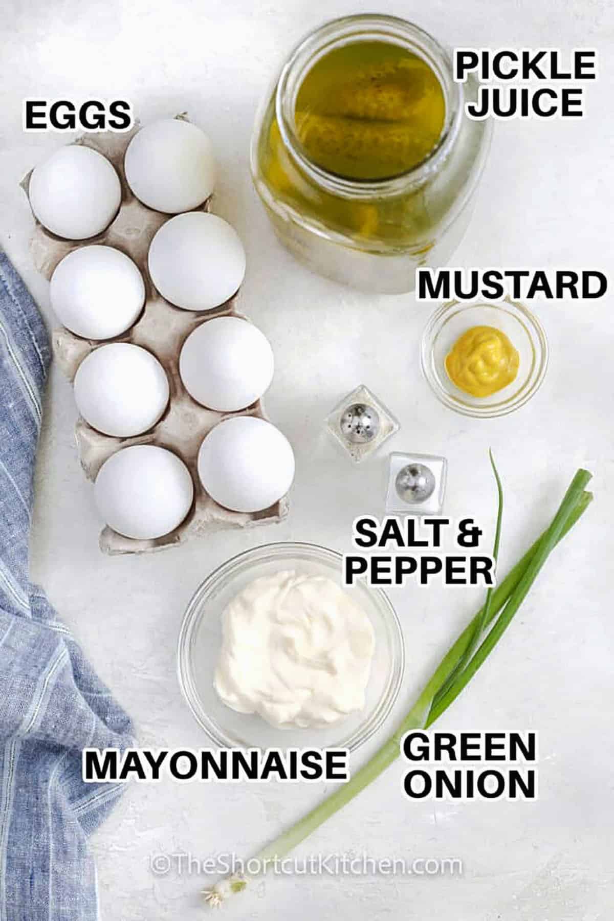 eggs , pickle juice , mustard , green onion , mayonnaise , salt and pepper with labels to make Best Egg Salad Recipe