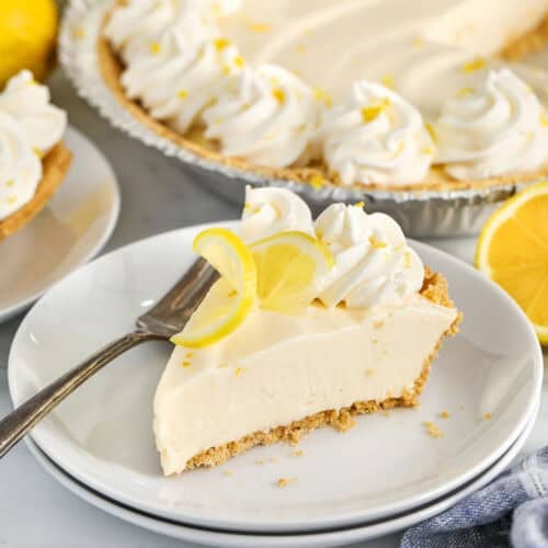plated Creamy Lemon Pie Recipe with a fork