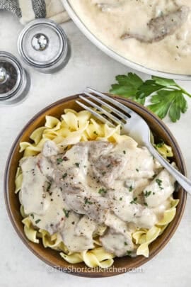 Easy Beef Stroganoff in a bowl with a fork