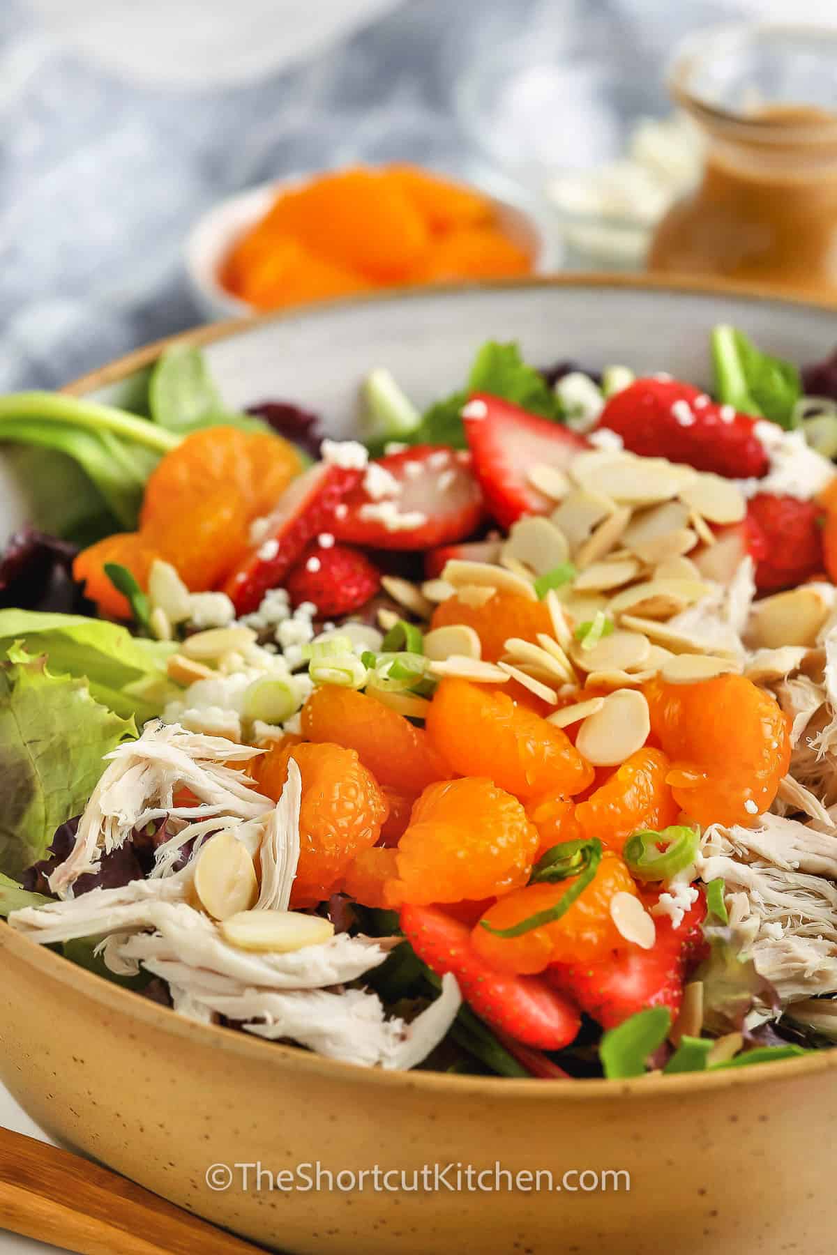close up of Easy Mandarin Chicken Salad Recipe in a bowl