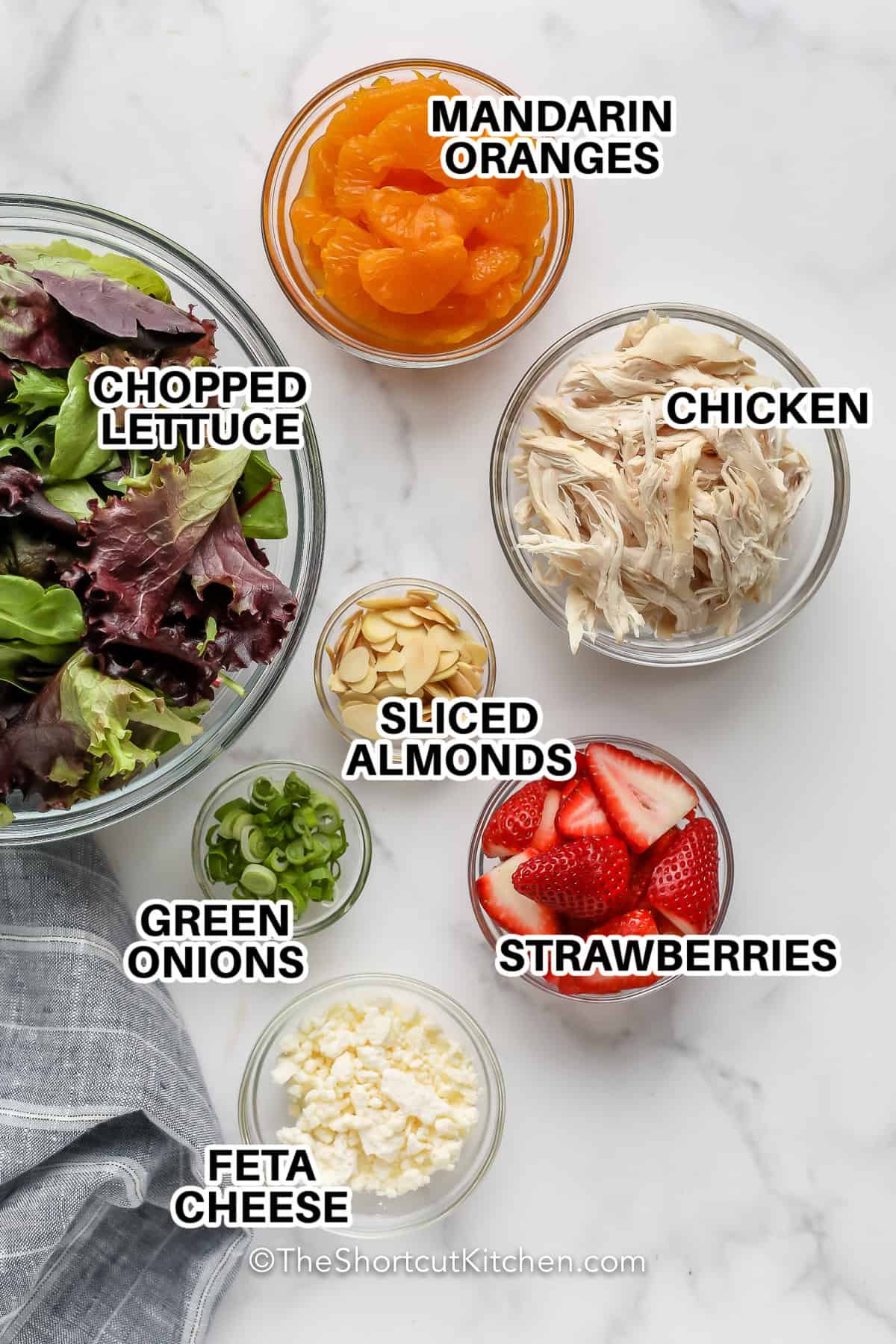 Ingredients to make this easy mandarin chicken salad labeled: mandarin oranges, chicken, lettuce, sliced almonds, green onions, strawberries, and feta cheese