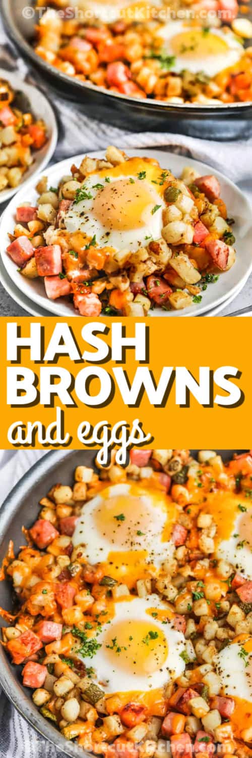 Breakfast Hash Recipe in the pan and top photo plated with writing