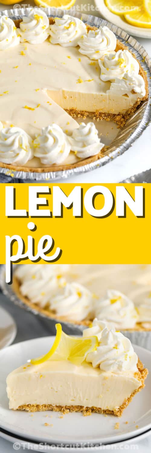 Creamy Lemon Pie Recipe with a piece taken and a slice plated with a title