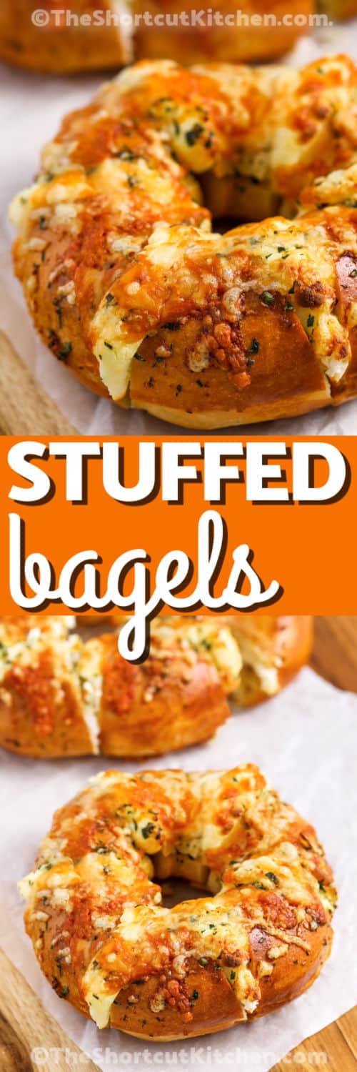 Stuffed Bagels and close up photo with a title