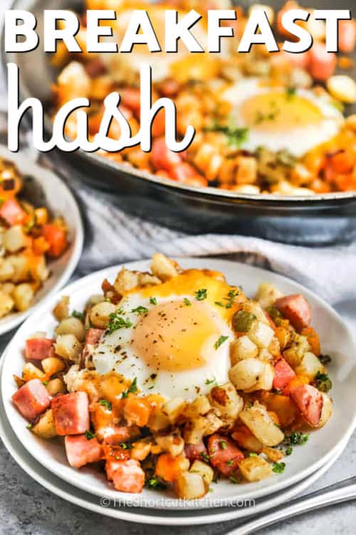 plated Breakfast Hash Recipe with ham and a title
