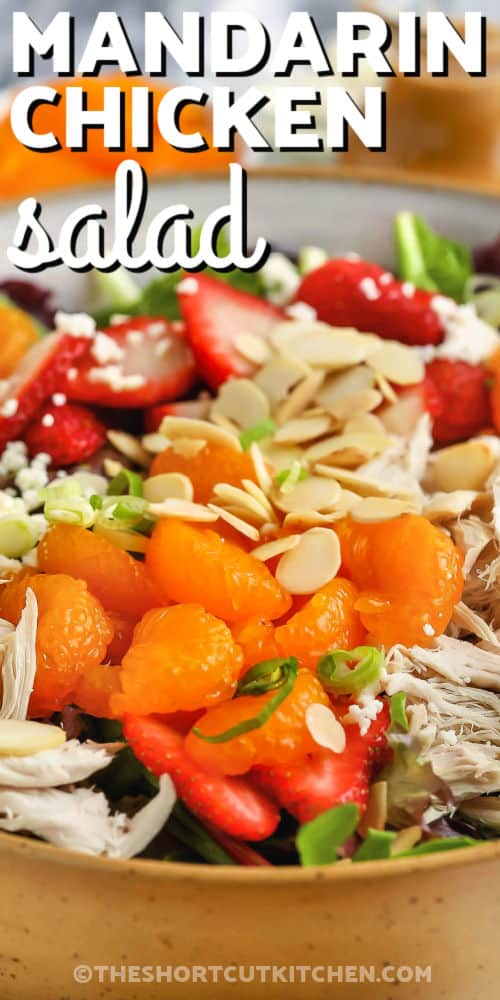 close up of Easy Mandarin Chicken Salad Recipe with writing