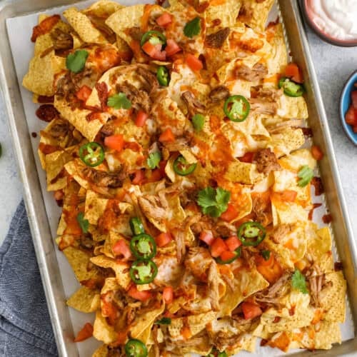 Carnitas Nachos on a sheet pan