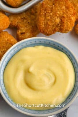 close up of 3 Ingredient Honey Mustard in a blue dish