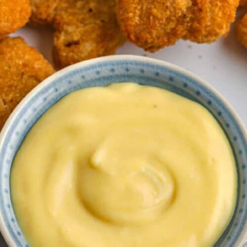 close up of 3 Ingredient Honey Mustard in a blue dish