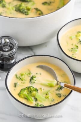 plated dishes of Easy Broccoli Cheese Soup