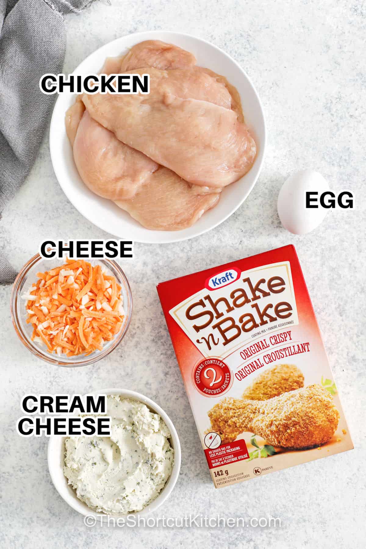 chicken, cheese , egg , cream cheese , shake n bake with labels to make Chicken Rolls
