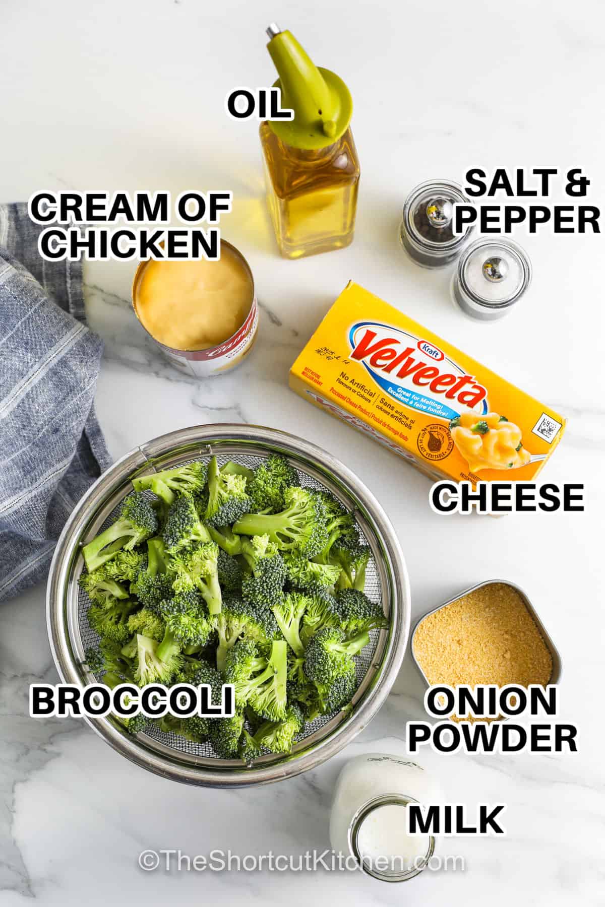 cream of chicken , oil , cheese , onion powder , milk , broccoli , salt and pepper with labels to make Easy Broccoli Cheese Soup