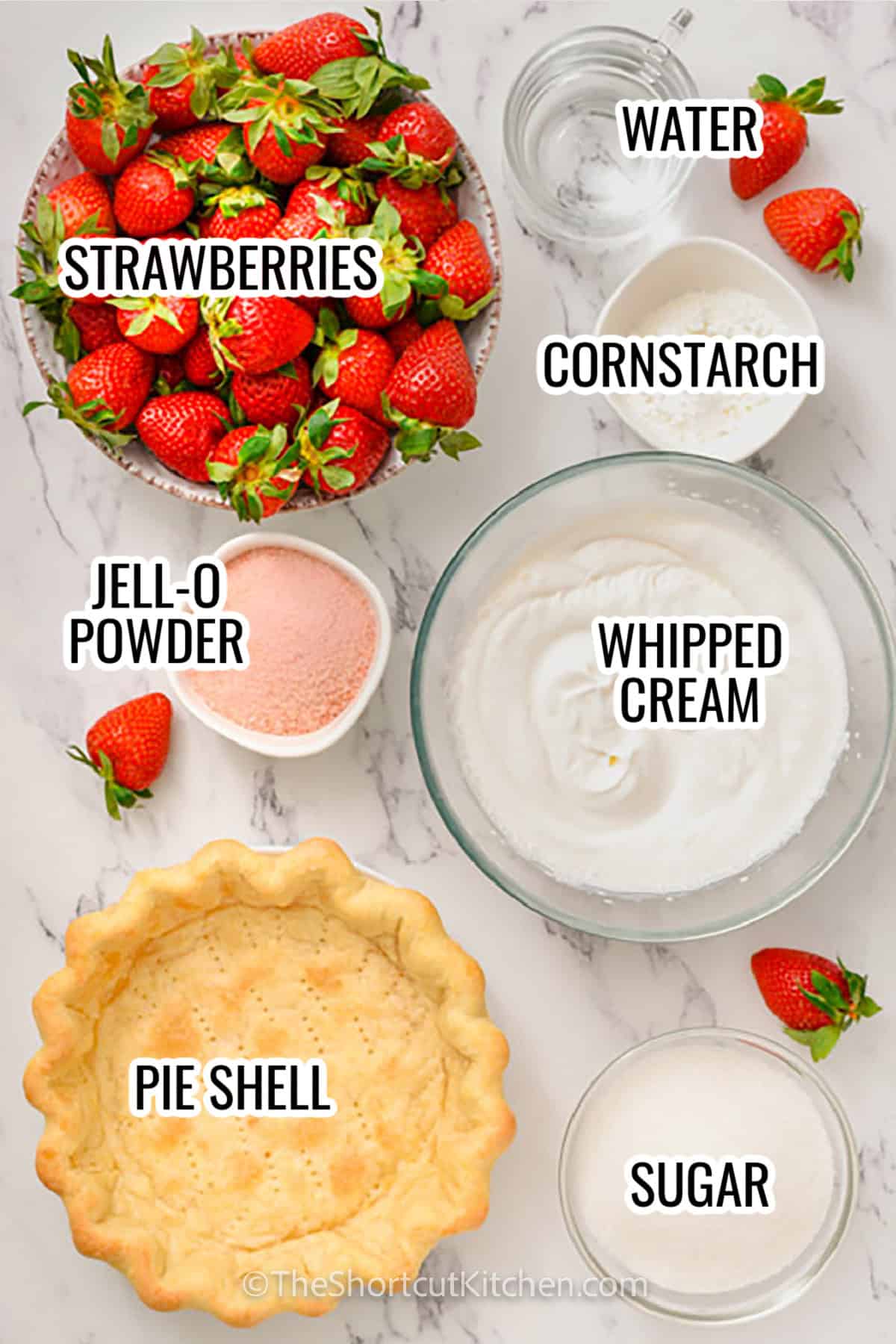 ingredients assembled to make fresh strawberry pie, including strawberries, cornstarch, jell-o powder, whipped cream, pie shell, and sugar