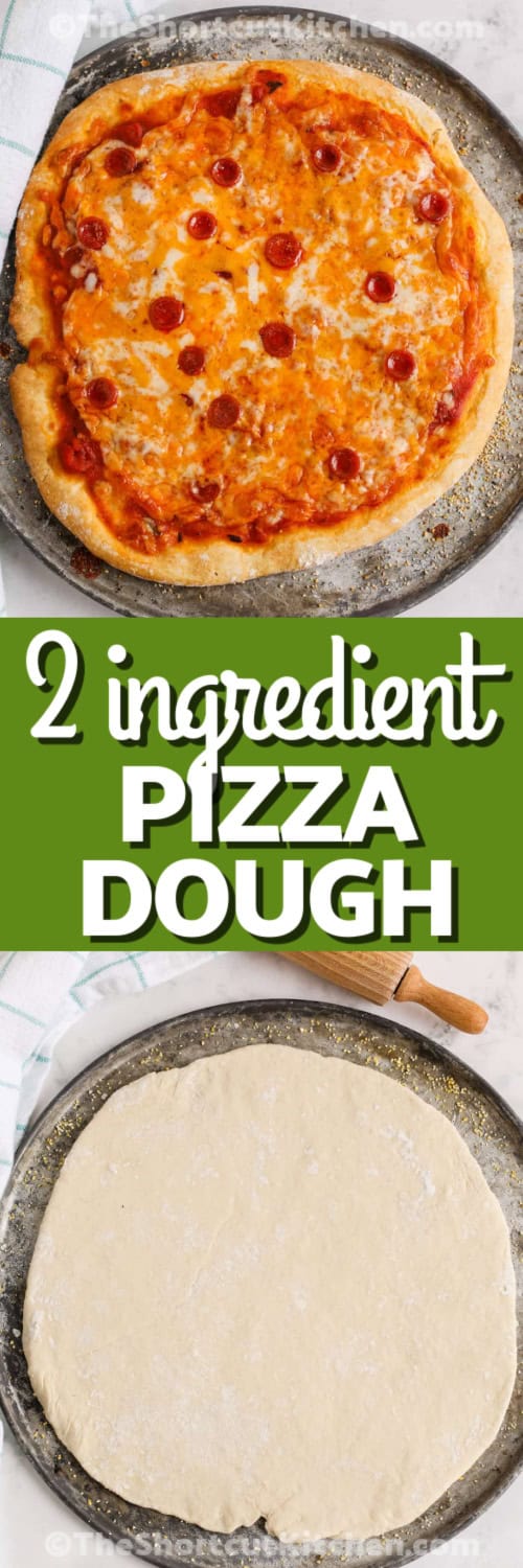 uncooked pizza dough and a cooked pizza for Bisquick Pizza Dough with writing