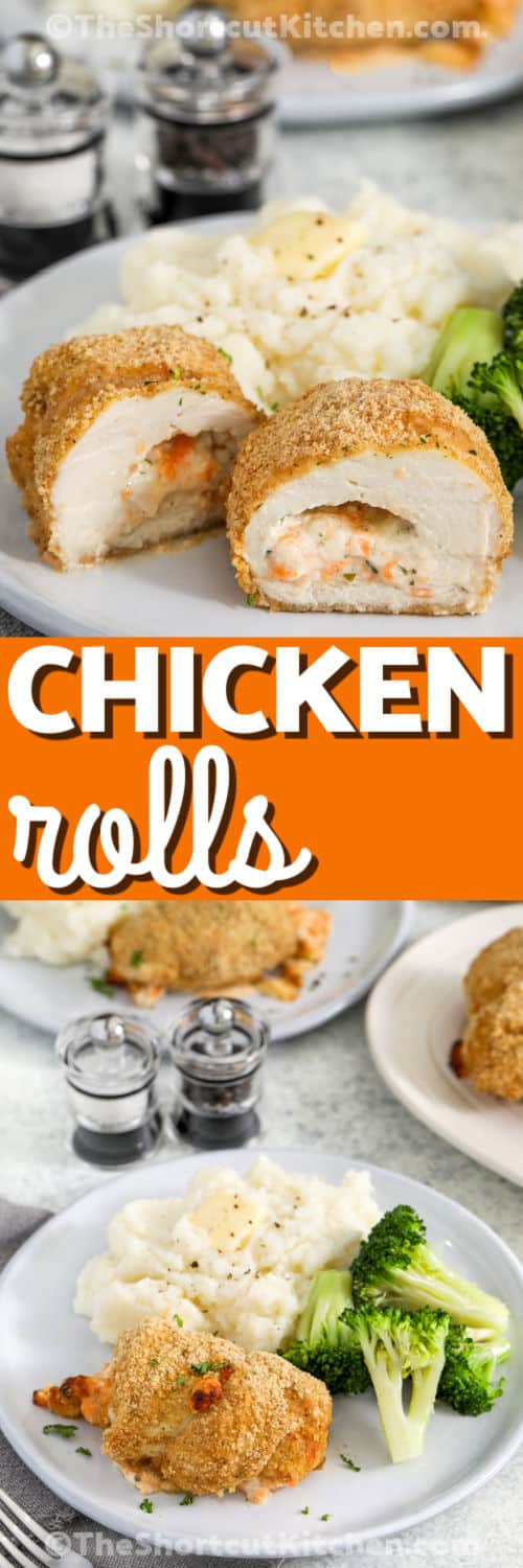 plated Chicken Rolls with mashed potatoes and brocooli with a title and close up photo