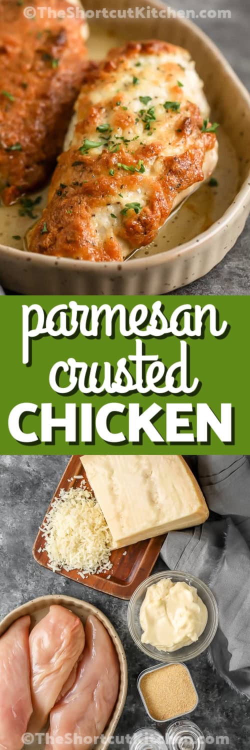 Melt in Your Mouth Chicken ingredients and Melt in Your Mouth Chicken in a dish with a title