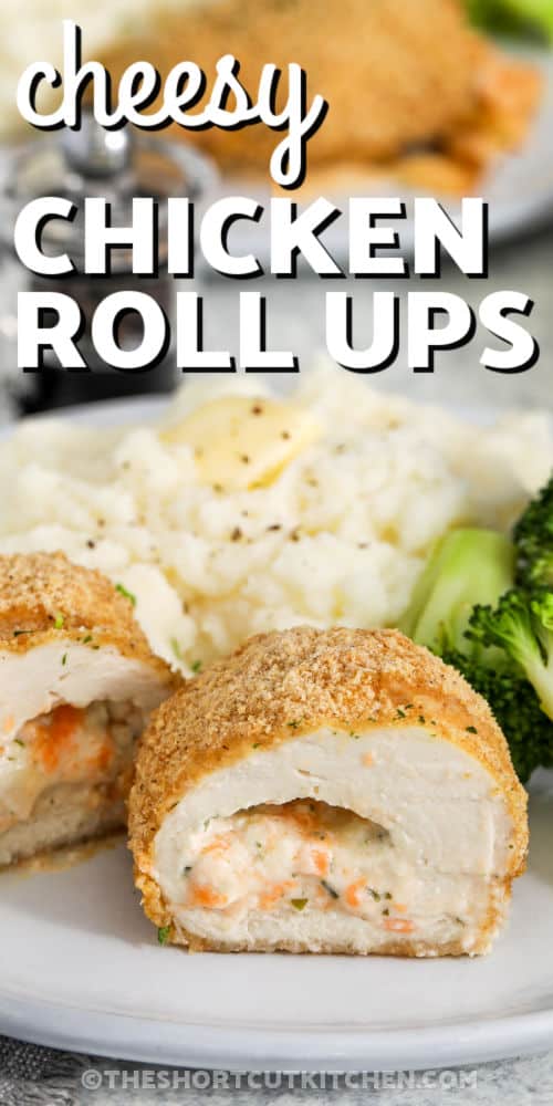 cheesy Chicken Rolls on a plate with a title