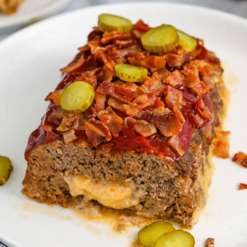 cheesy Bacon Cheeseburger Meatloaf with pickle slices
