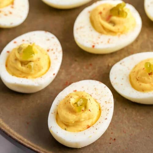 close up of Classic Deviled Eggs on a plate