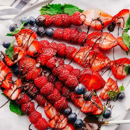 Fruit Kabob Recipe with drizzled chocolate