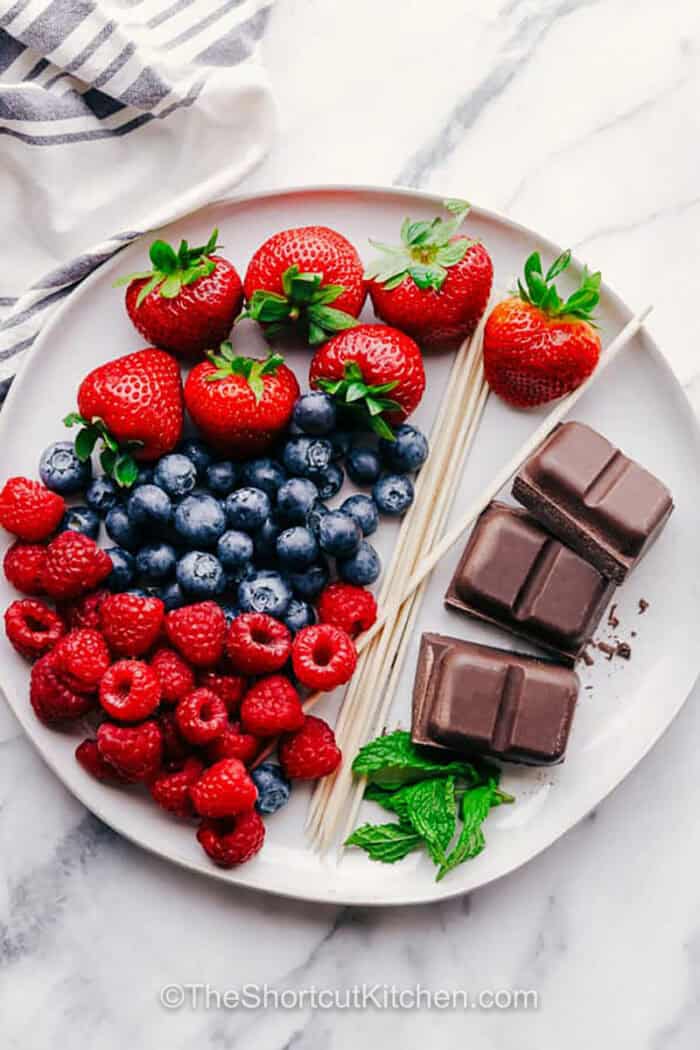 ingredients on plate to make Fruit Kabob Recipe