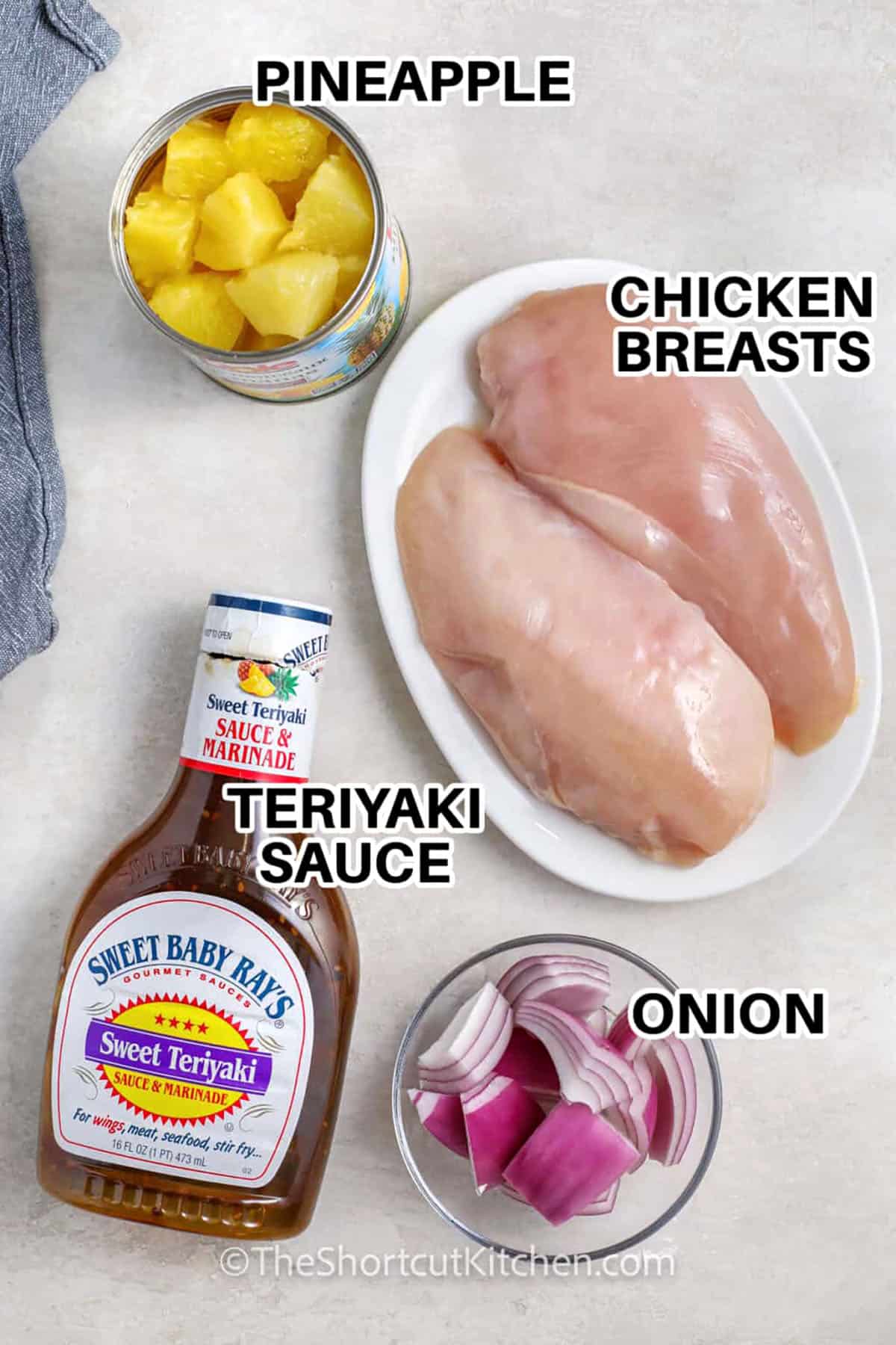 chicken breast , pineapple , teriyaki sauce , onion with labels to make Chicken Pineapple Kabobs