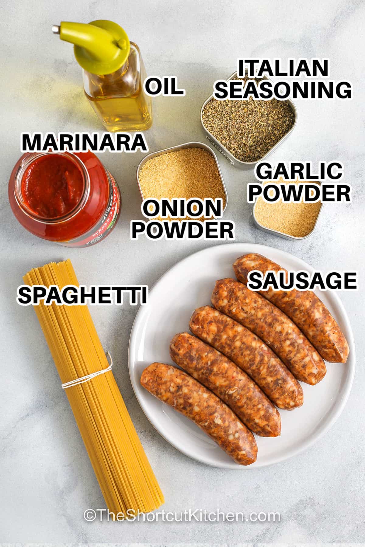 marinara , oil , onion powder , italian seasoning , garlic powder , spaghetti , sausage with labels to make Italian Sausage Spaghetti