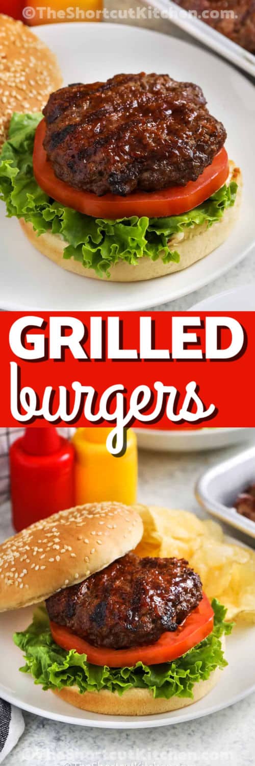 plated open faced Great Grilled Burgers with writing