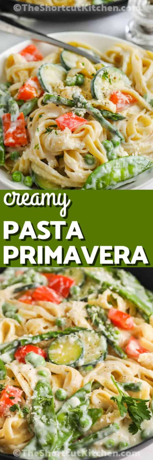 This creamy recipe for pasta primavera with fresh spring veggies like zucchini and peas is the perfect easy weeknight dinner. This one-pot recipe features a colorful medley of vegetables sautéed in butter and garlic, then simmered in a creamy Alfredo sauce. The light, veggie-filled dish is both satisfying and meatless, making it a great choice for a quick and delicious dinner. Add a sprinkle of parmesan for extra flavor, and enjoy this comforting yet light springtime meal! #theshortcutkitchen creamy Pasta Primavera in the pan and plated with a title