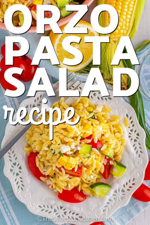 Orzo Pasta Salad Recipe on a plate with a title