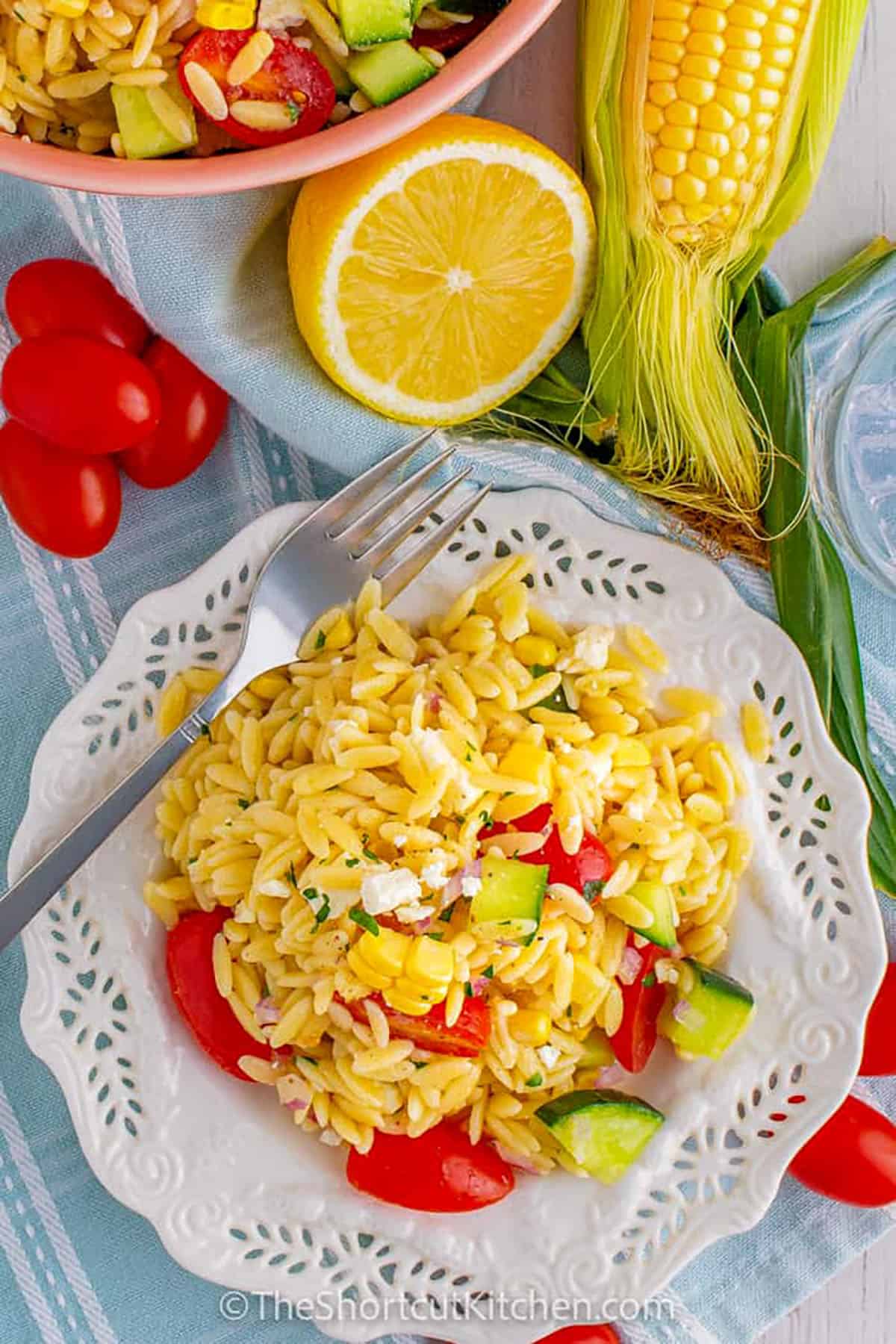 plated Orzo Pasta Salad Recipe with a fork