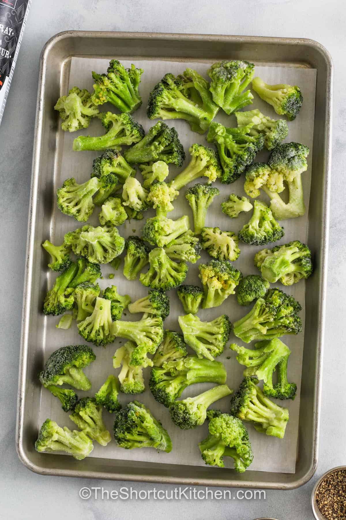 frozen broccoli on a sheet pan to make Roasted Frozen Broccoli