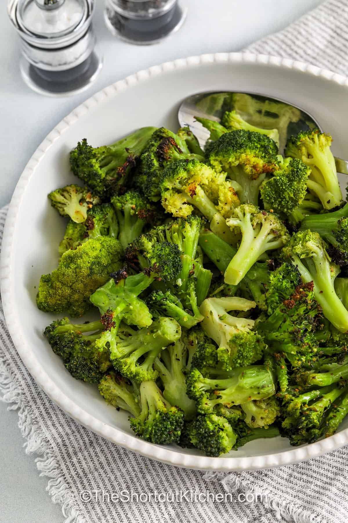 close up of Roasted Frozen Broccoli in a bowl