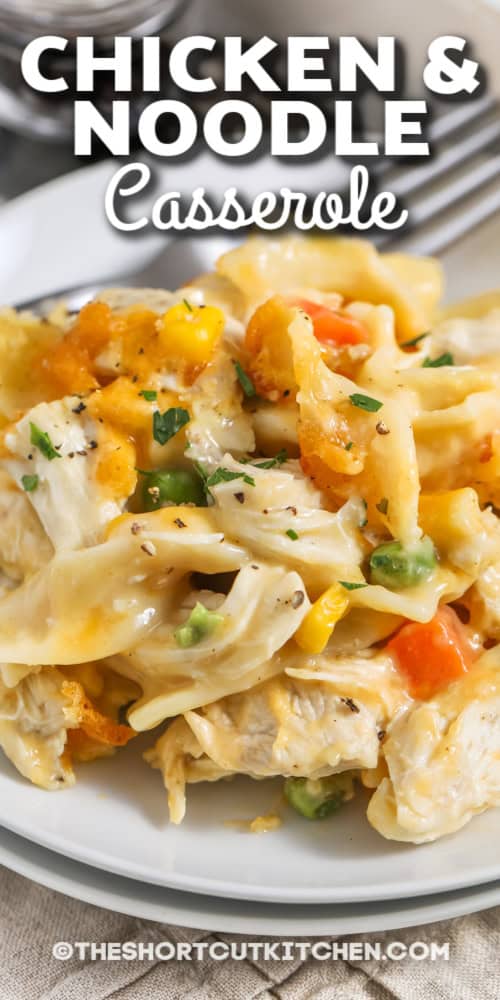 chicken and noodle casserole on a plate with text