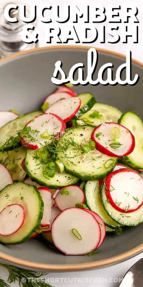 bowl of Cucumber Radish Salad with a title