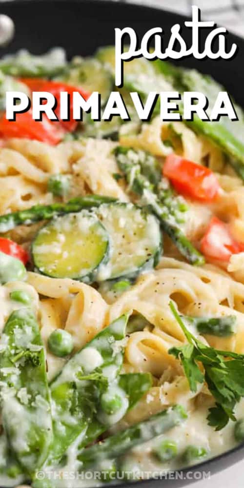 Pasta Primavera in the pot with a title