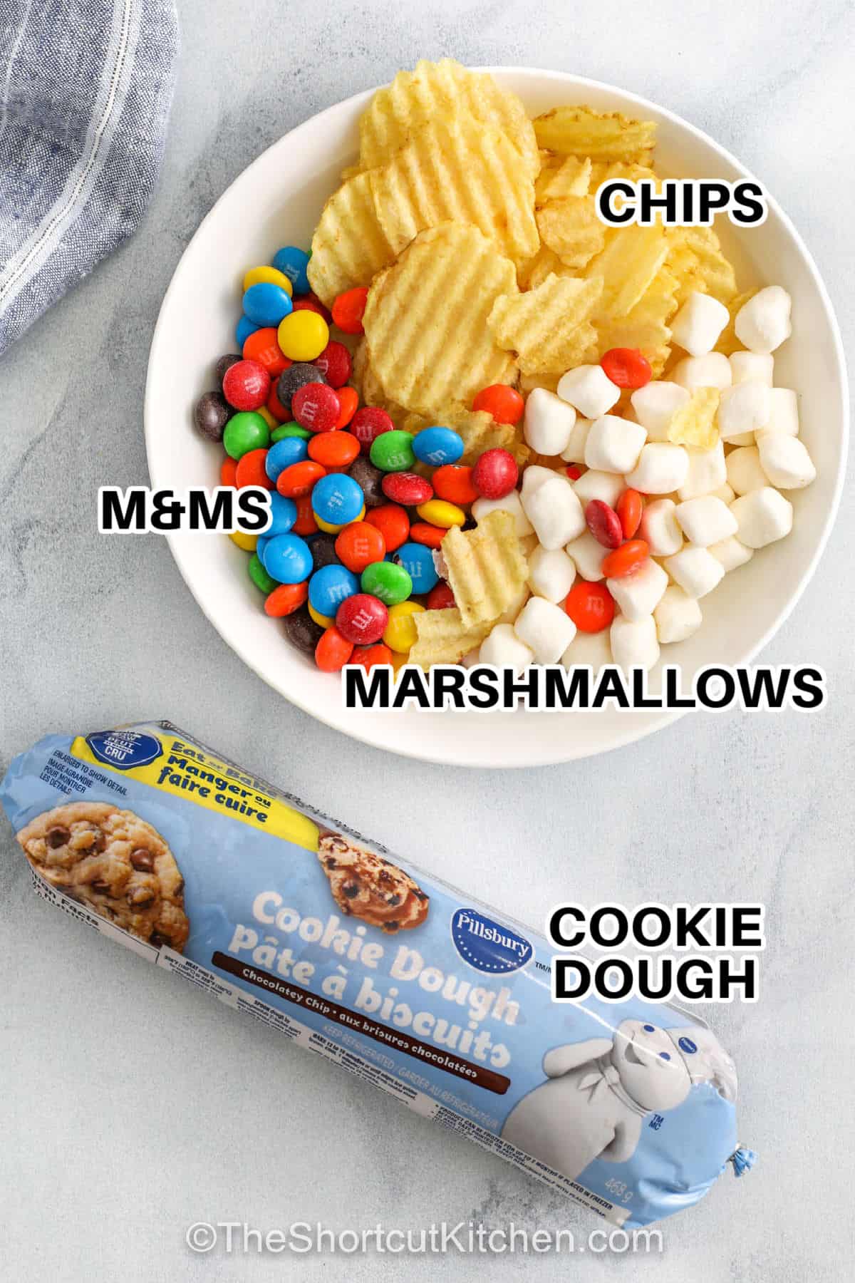 cookie dough , marshmallows , m&ms , chips with labels to make Kitchen Sink Cookies