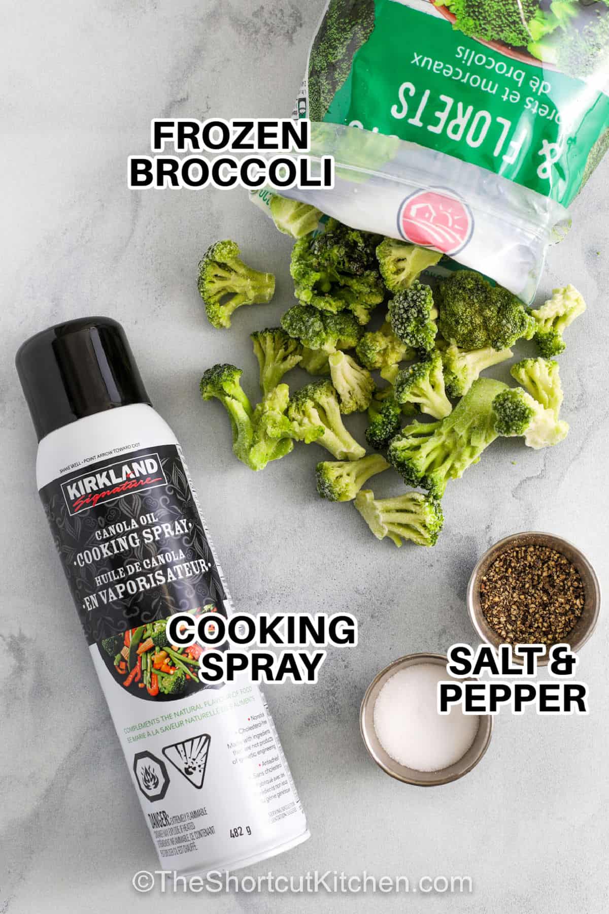 cooking spray , frozen broccoli , salt and pepper with labels to make Roasted Frozen Broccoli