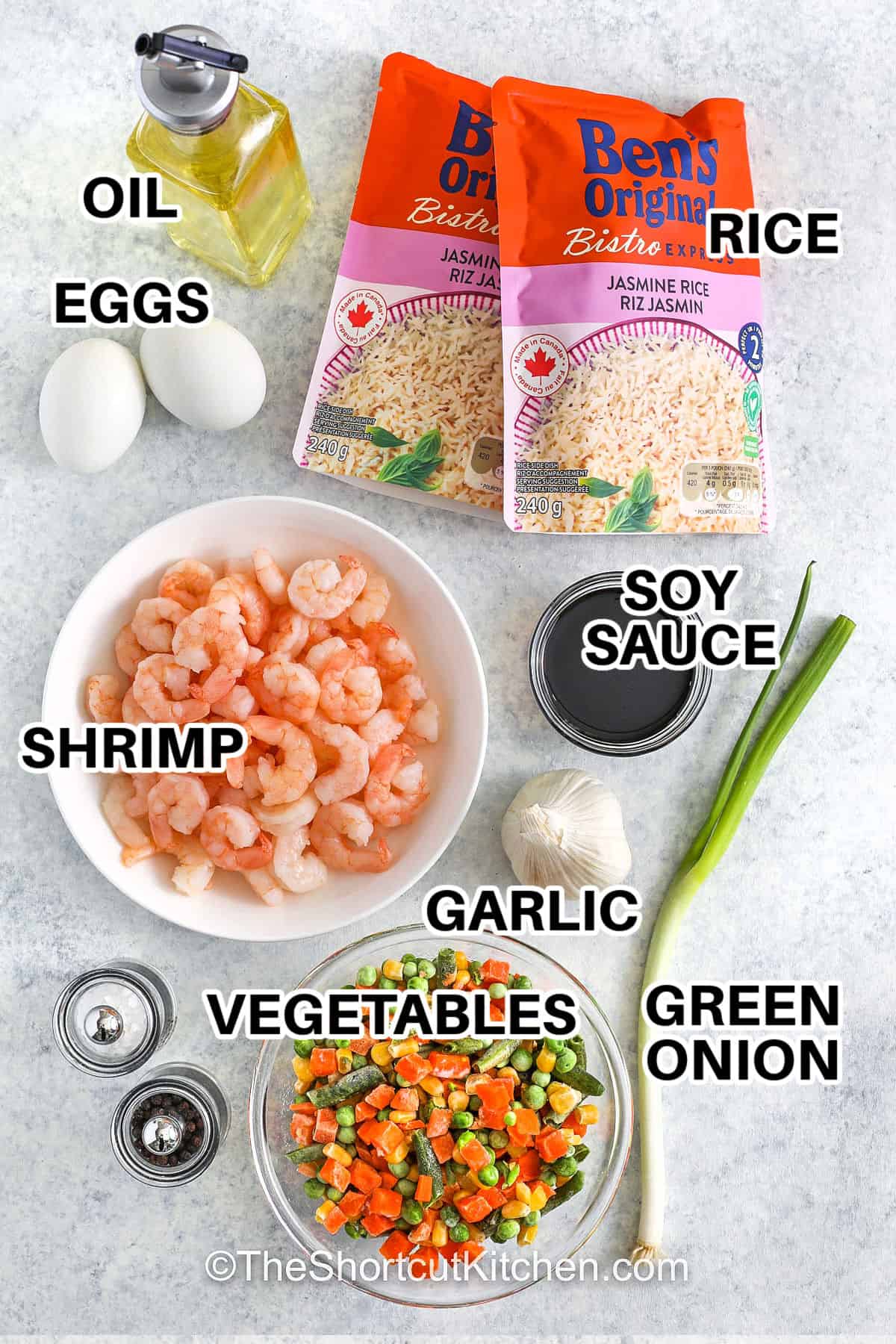 shrimp , eggs , oil , rice , soy sauce , garlic , green onion , vegetables with labels to make Shrimp Fried Rice