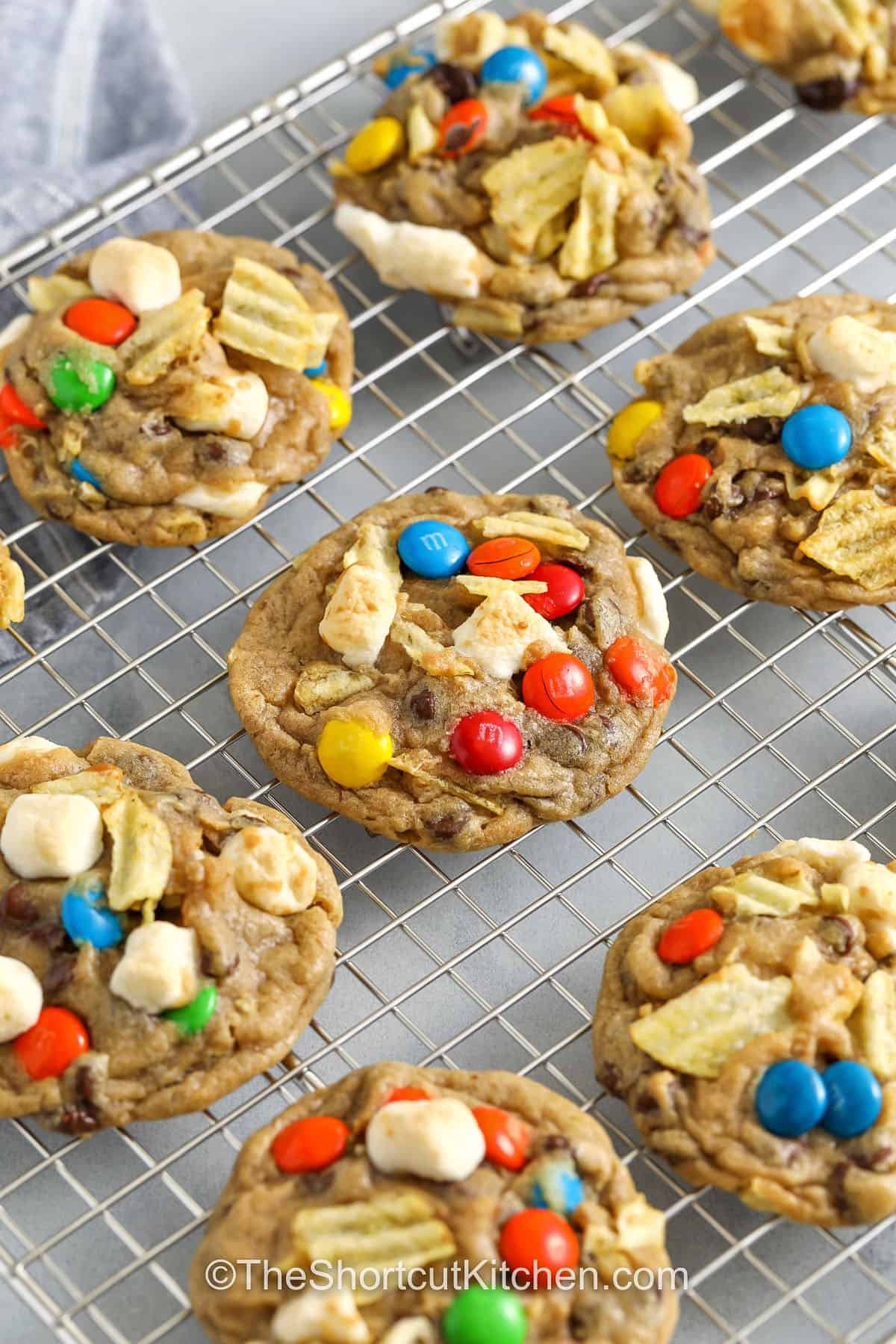 close up of Kitchen Sink Cookies on a cooling rack