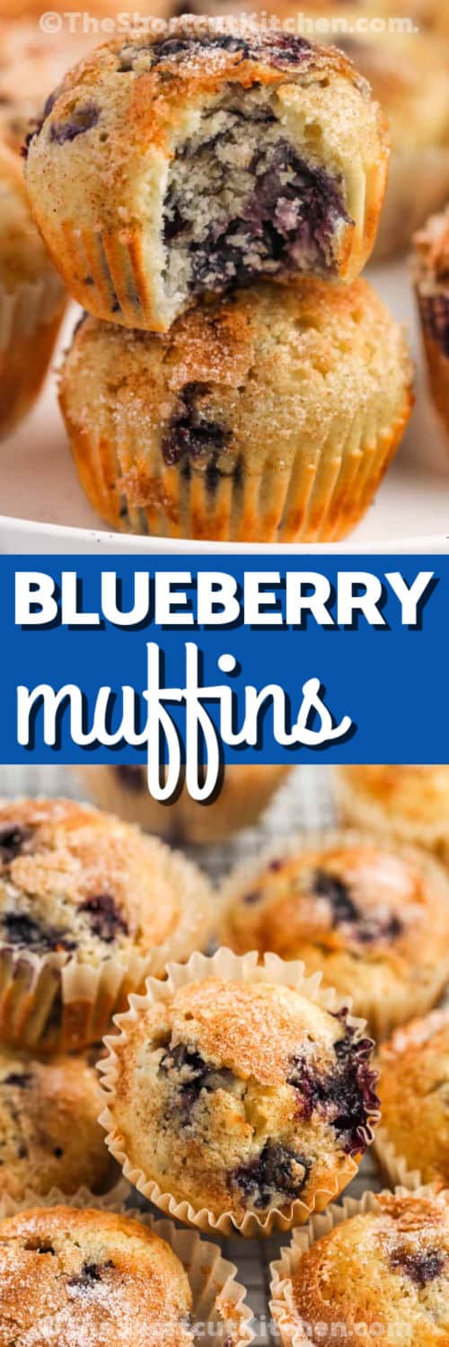 Easy Blueberry Muffins Recipe in a pile and close up of one with a bite taken out with a title