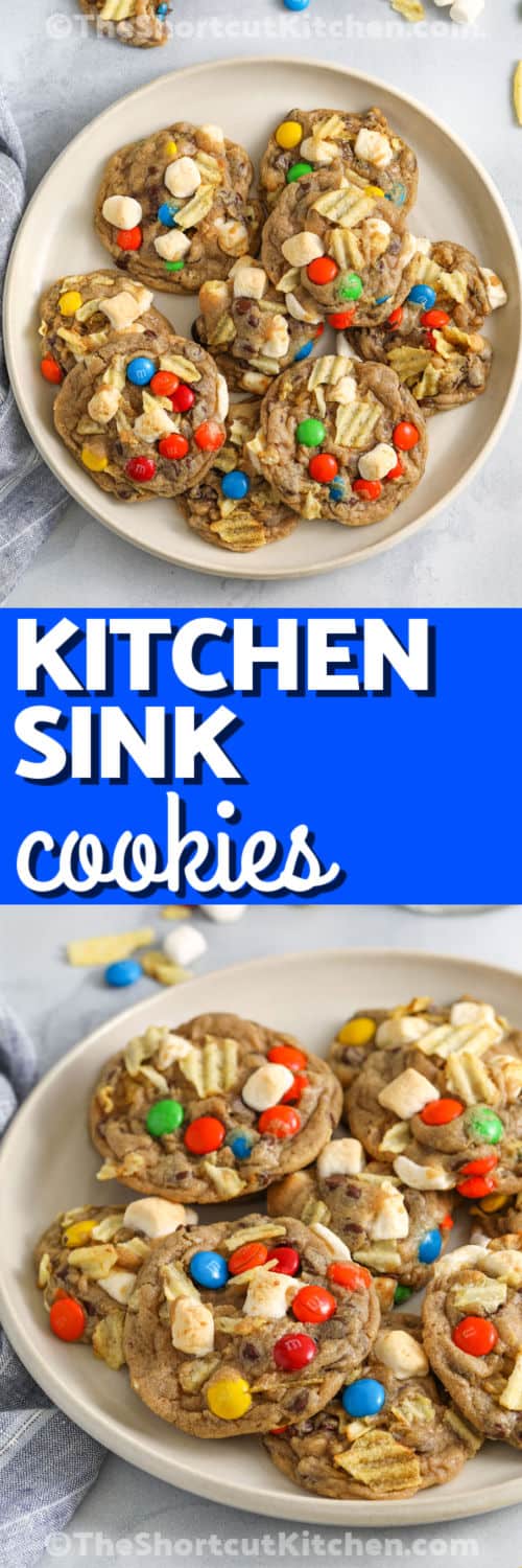 Kitchen Sink Cookies on a plate and close up photo with a title