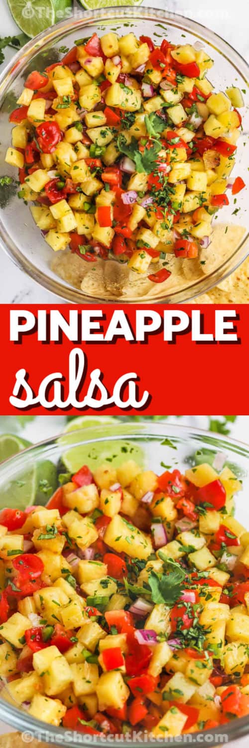 Pineapple Jalapeno Salsa in a bowl and close up photo with a title