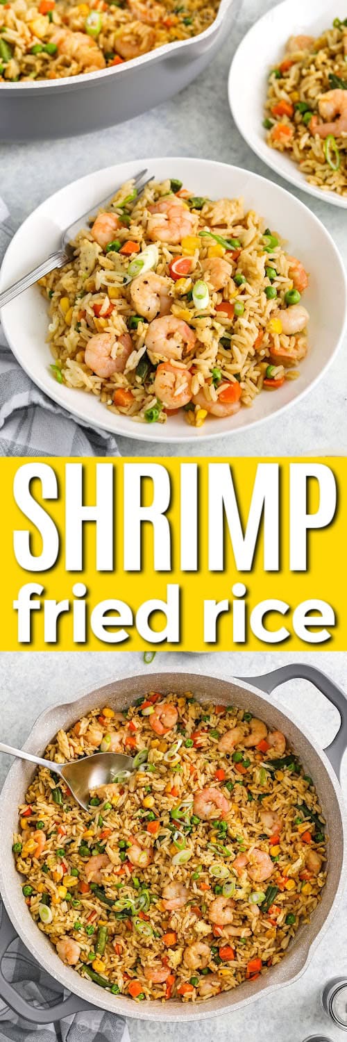 Shrimp Fried Rice in the pot and plated with writing