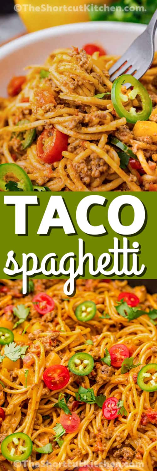 Taco Spaghetti Recipe in the pan and plated with a title