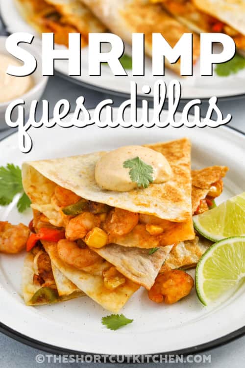 plated Shrimp Quesadillas slices with dip on top and a title