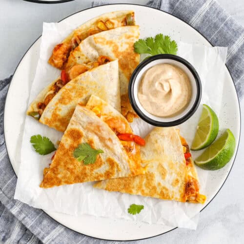 plated Shrimp Quesadillas with lime