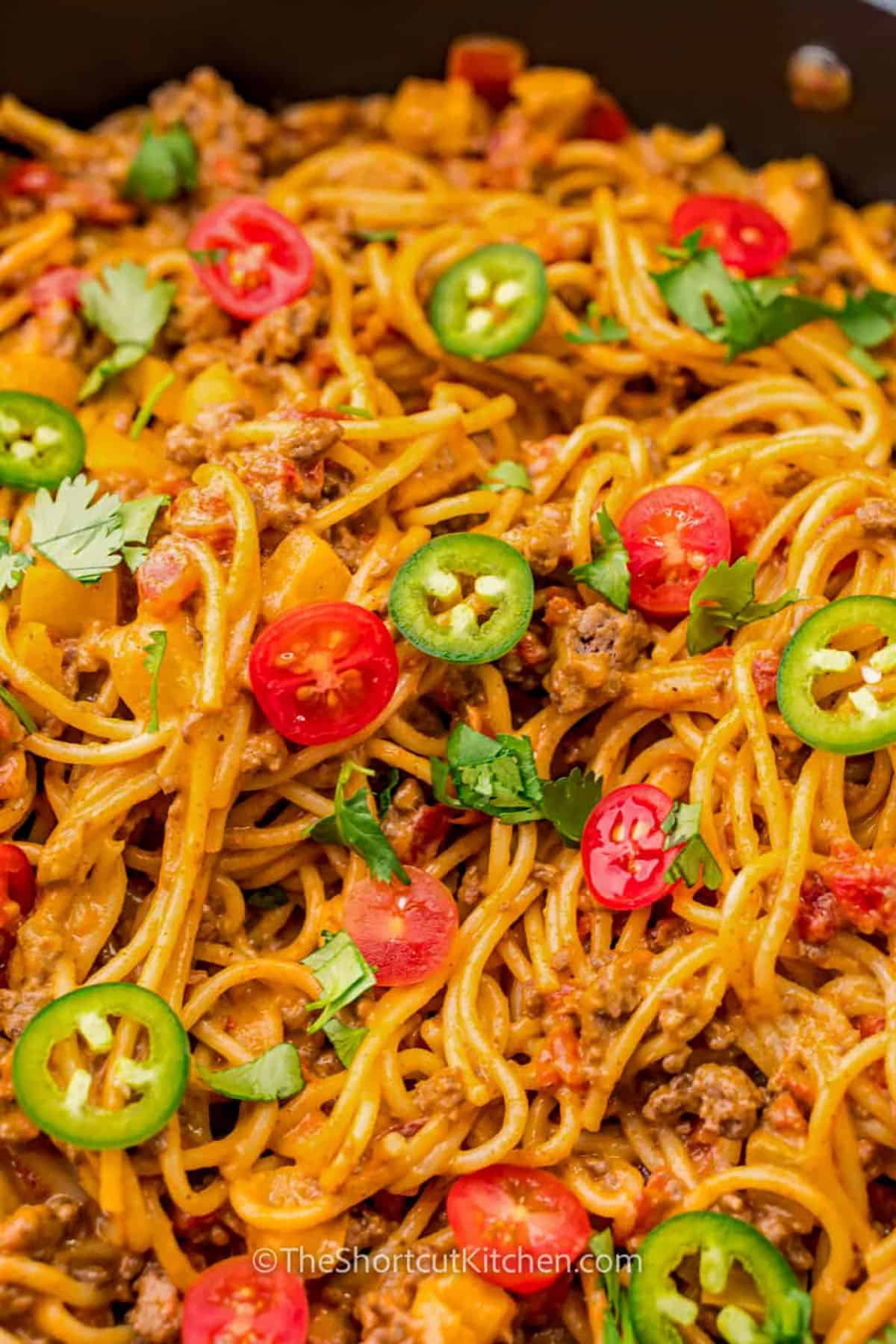 close up of Taco Spaghetti Recipe
