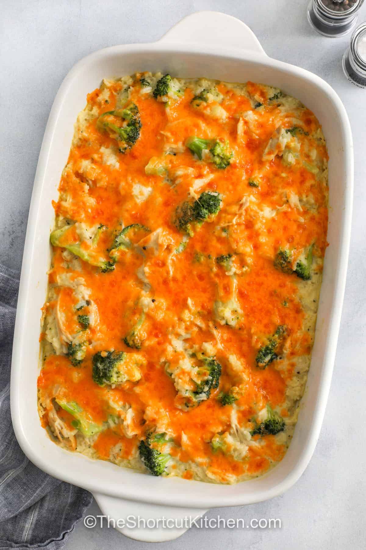 cheesy Broccoli Chicken And Rice Casserole baked in the casserole dish