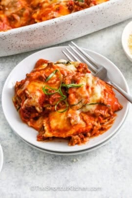 Frozen Ravioli Bake on a plate with a fork